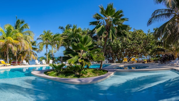 A resort pool area with palm trees, lounge chairs, and a clear blue sky. - Portofino Beach Resort (San Pedro)