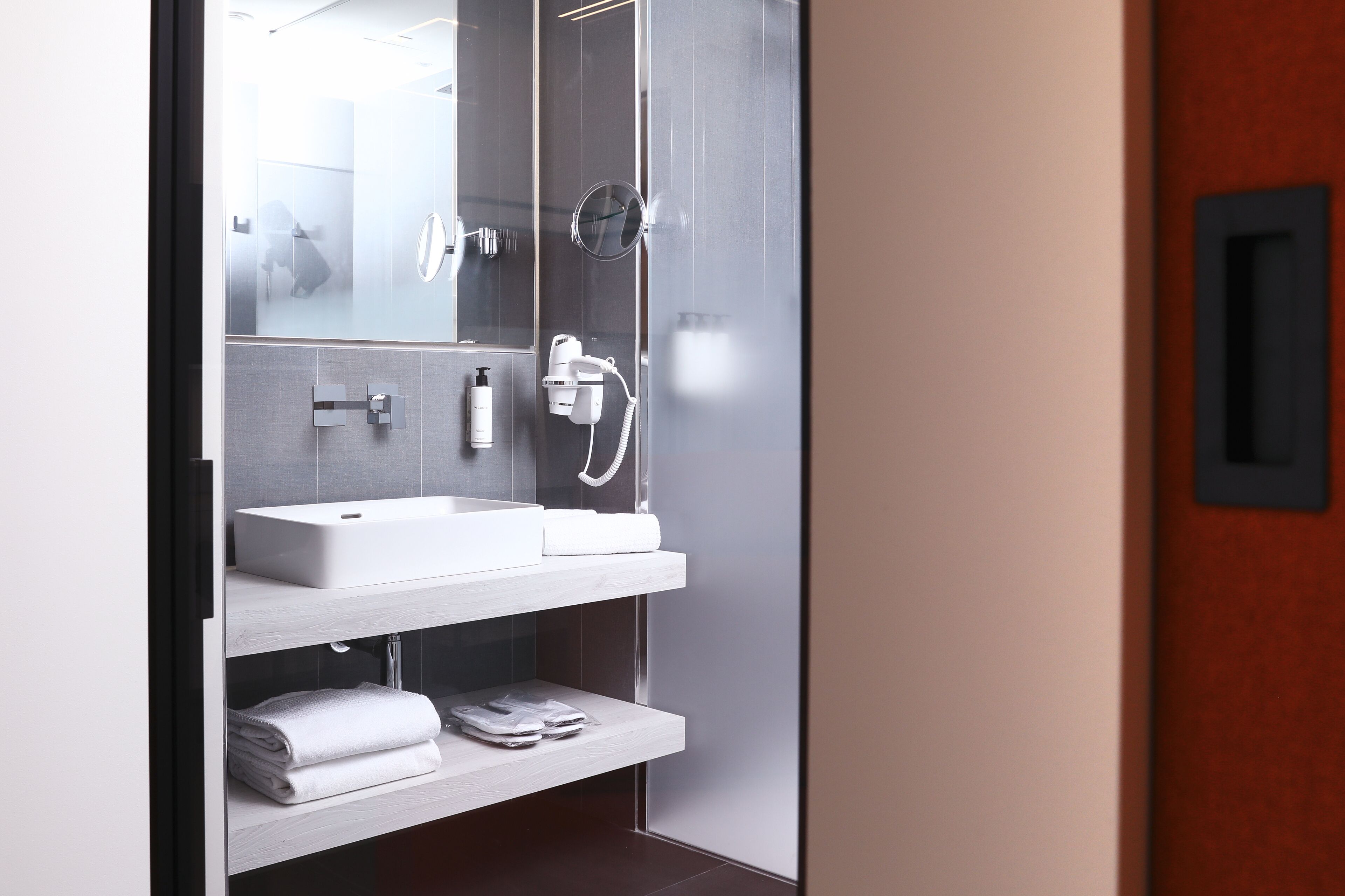 A modern bathroom with a white sink, a mirror, and a glass shower enclosure.
