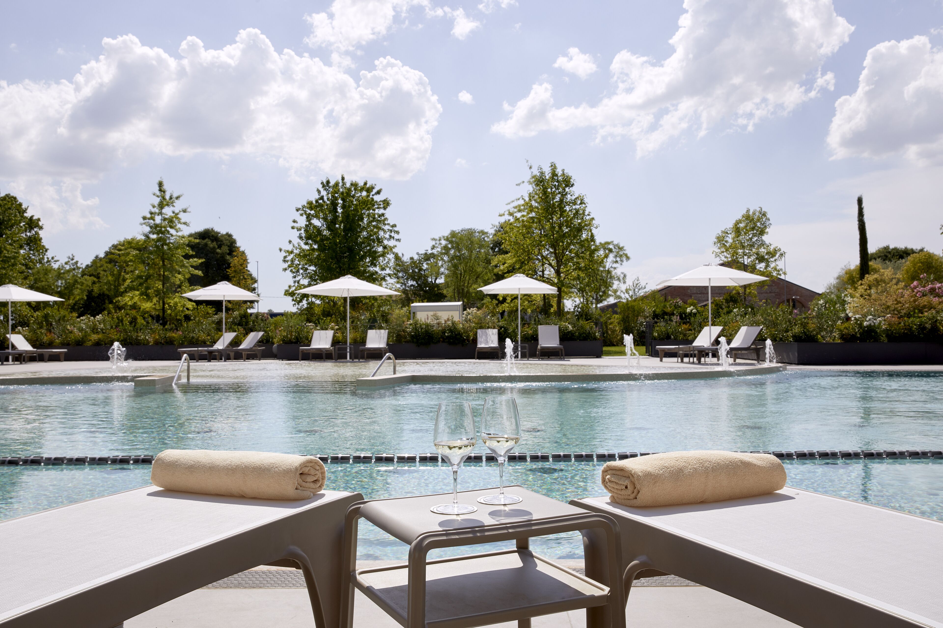 indoor pool, seasonal outdoor pool, pool loungers