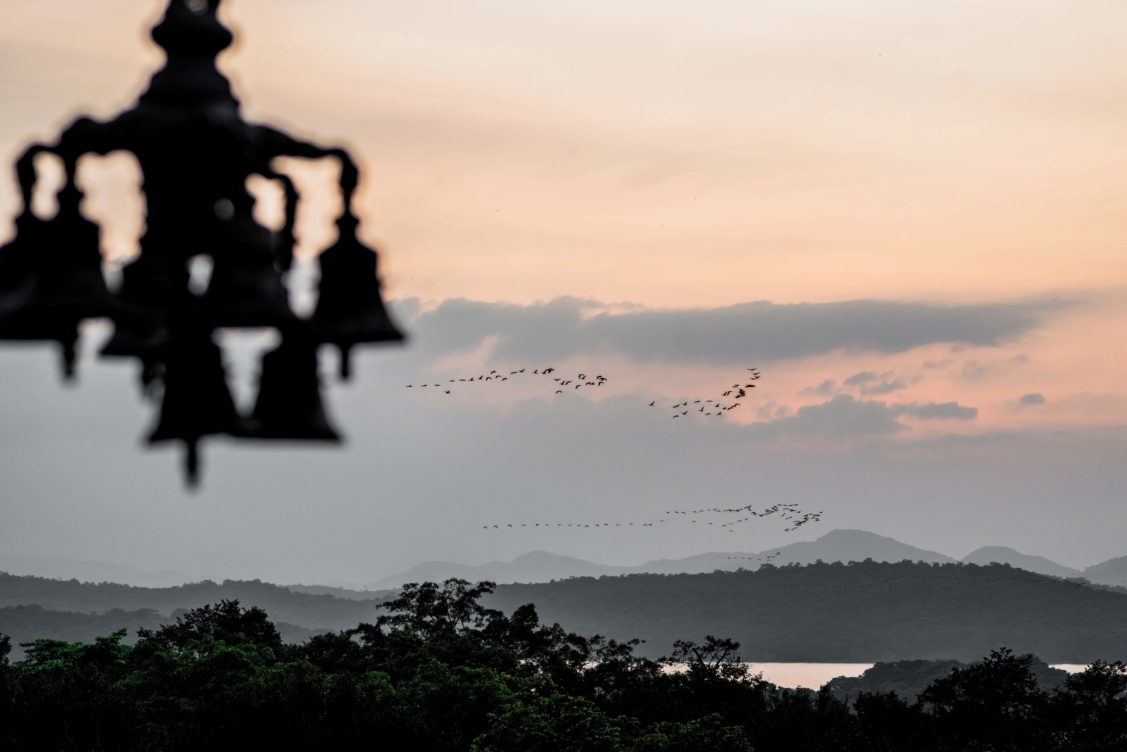 A silhouette of a chandelier against a sunset sky with birds flying in the distance and a mountainous landscape.