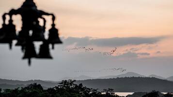A silhouette of a chandelier against a sunset sky with birds flying in the distance and a mountainous landscape.