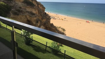 Una playa con un acantilado rocoso, un área cercada con césped y una vista despejada del océano.