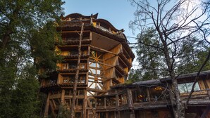 Una cabaña de madera de varios pisos con balcones, rodeada de árboles.