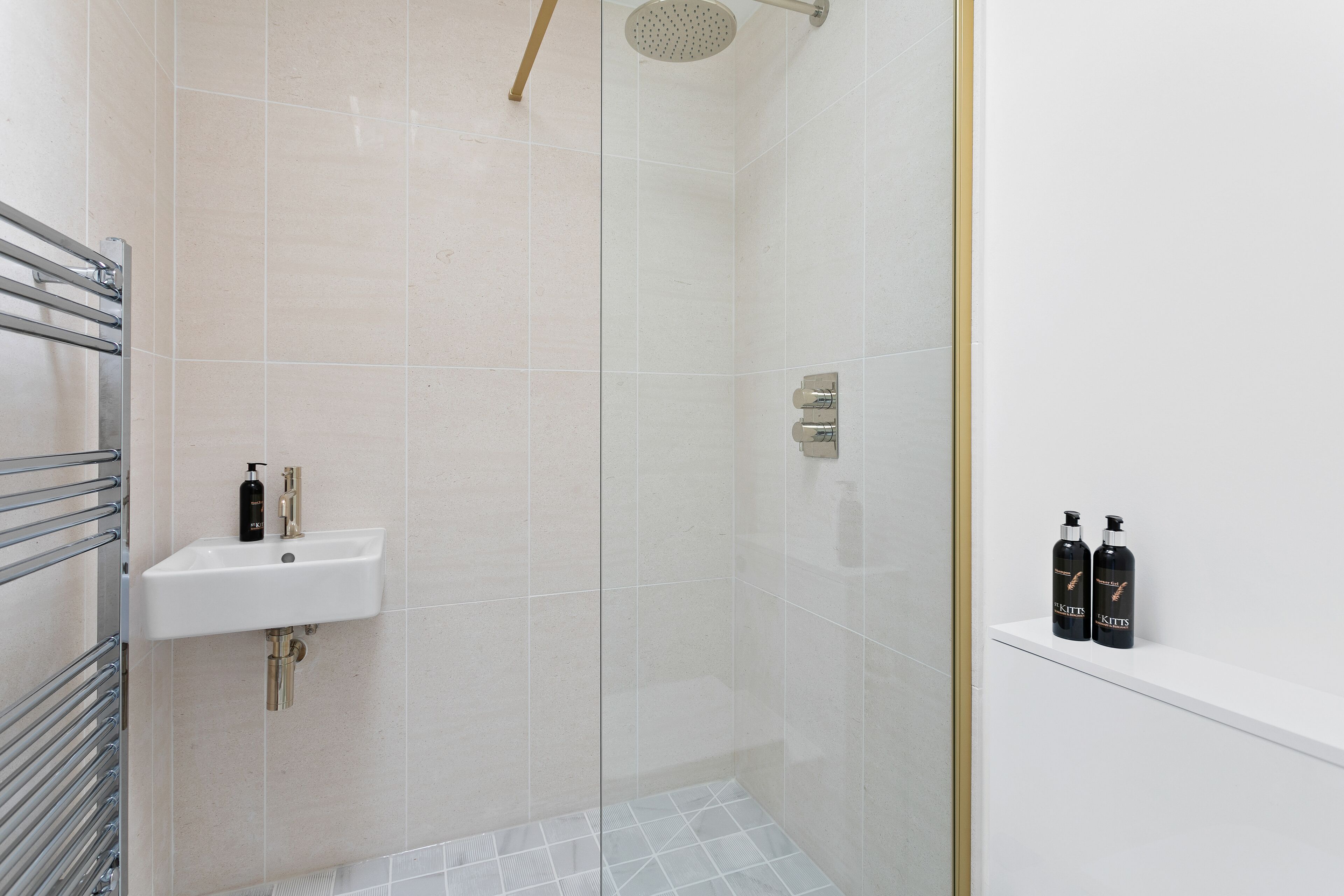 A modern bathroom with a glass shower enclosure, a white sink, and a shelf with two bottles.
