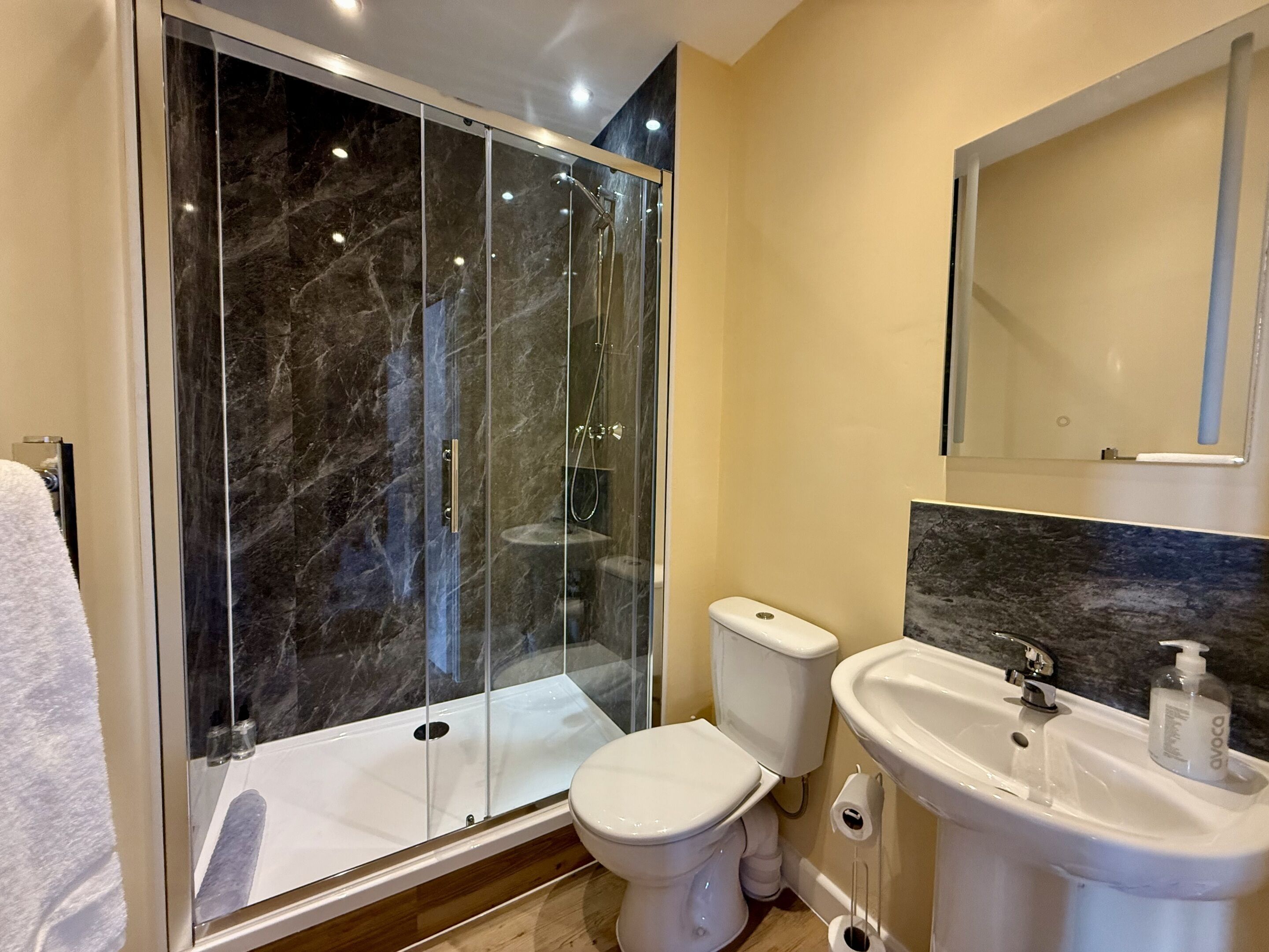 A modern bathroom with a glass-enclosed shower, a white toilet, and a sink with a mirror above it.