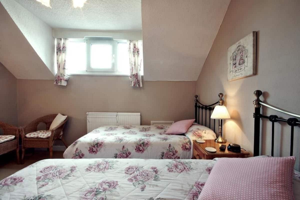 A bedroom with two beds, a window with curtains, a chair, a bedside table with a lamp, and a wall-mounted picture.