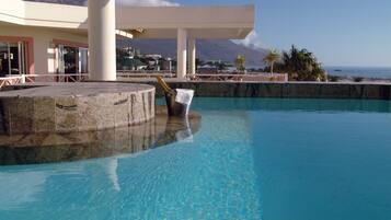 Outdoor pool, pool umbrellas, pool loungers