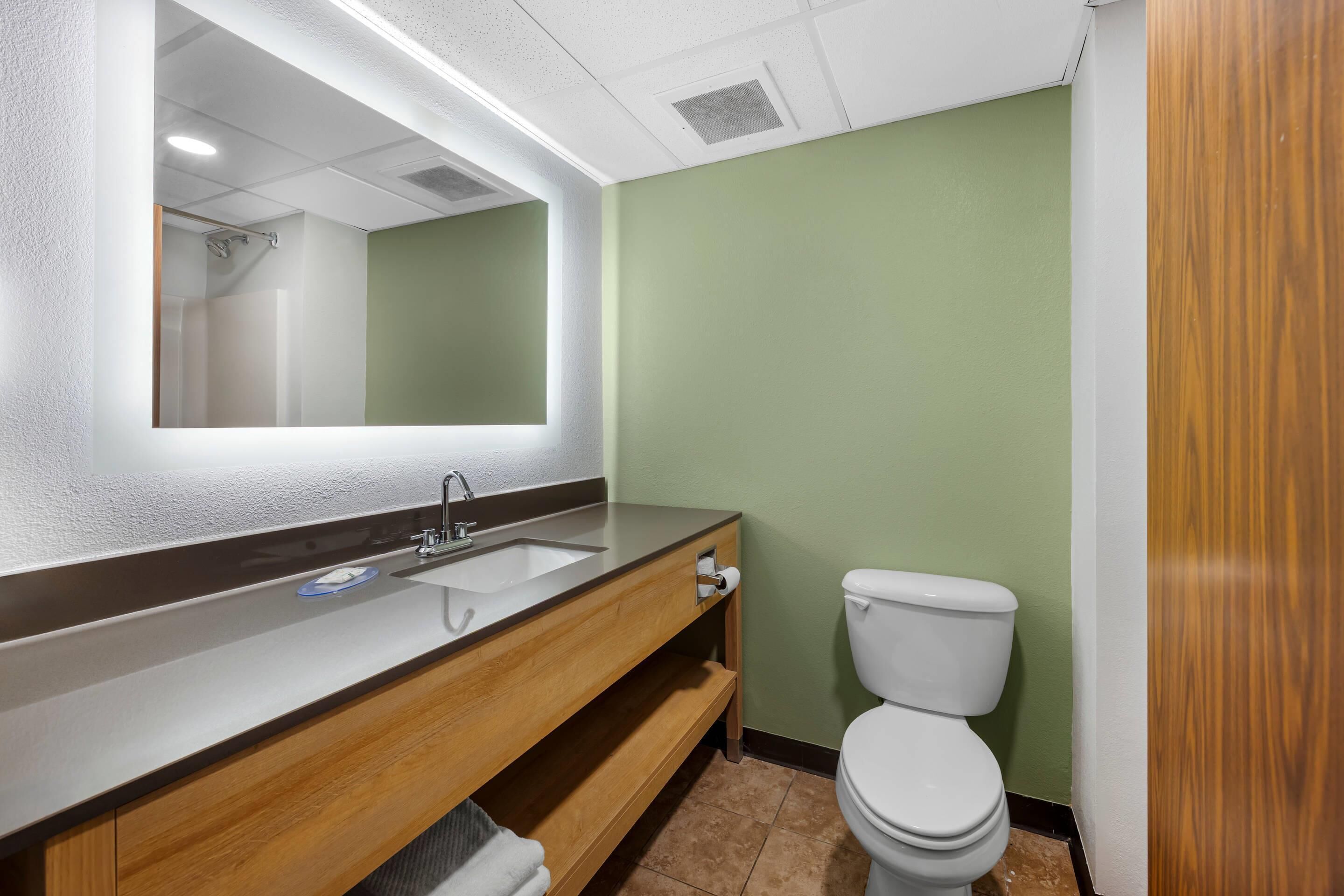 Un baño con tocador de madera, un espejo grande, inodoro y zona de ducha.