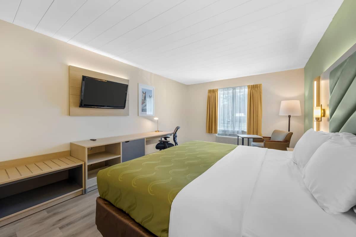 A hotel room with a bed, desk, chair, TV, and window with curtains.