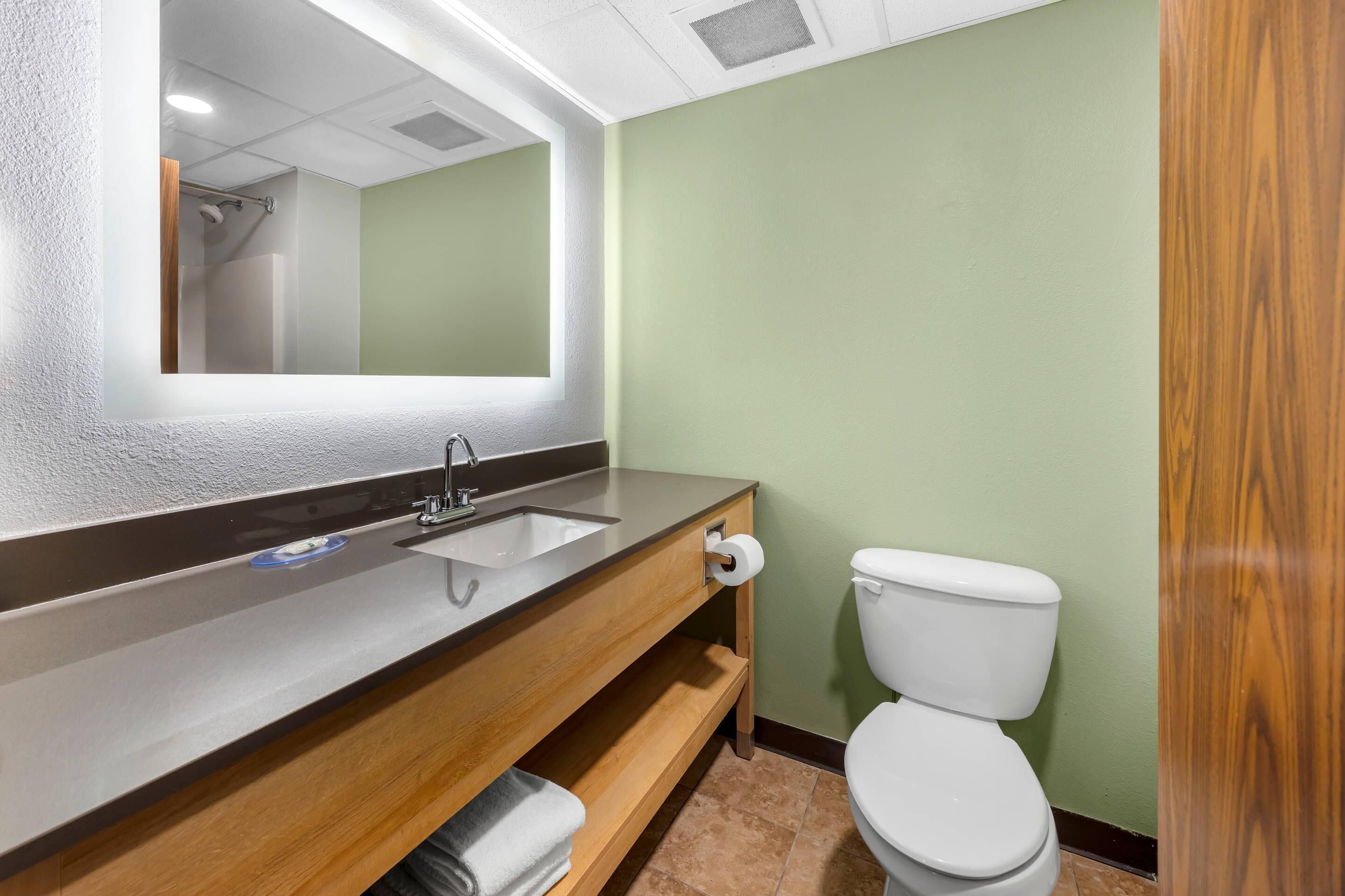 Baño con tocador de madera, espejo, lavamanos, inodoro y zona de ducha.
