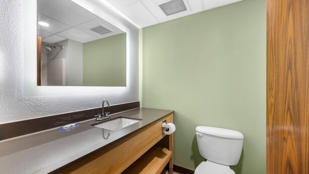 A bathroom with a wooden vanity, a mirror, a sink, a toilet, and a shower area. - Quality Inn & Suites Monterey I-40 (Monterey)