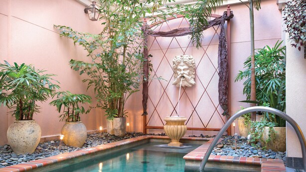 A pool area with a decorative wall, plants, and a stone sculpture.