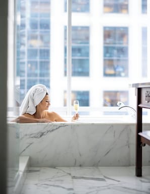 Enjoy a city view from the bathroom window.