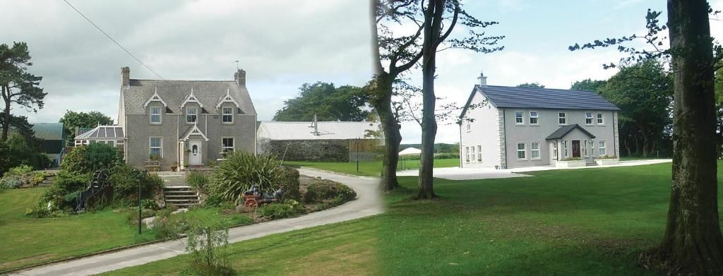 A residential area with two houses, one with a traditional design and another with a modern look, surrounded by greenery.