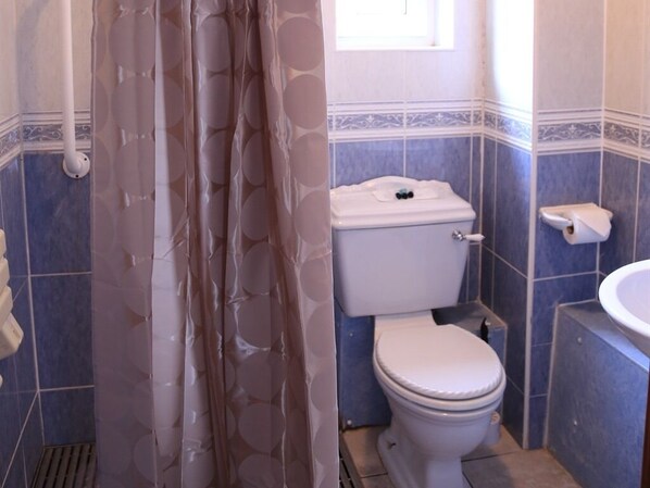 A bathroom with a toilet, sink, and shower curtain. - Twin Lions Hotel (Edinburgh)