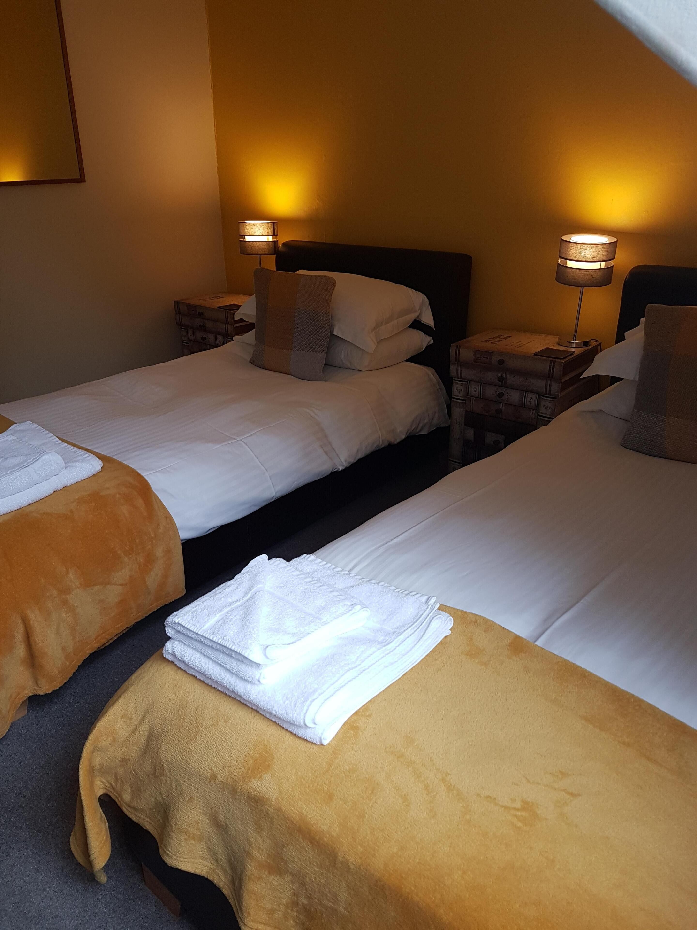 Two single beds with white linens, a wooden headboard, and a nightstand with a lamp.