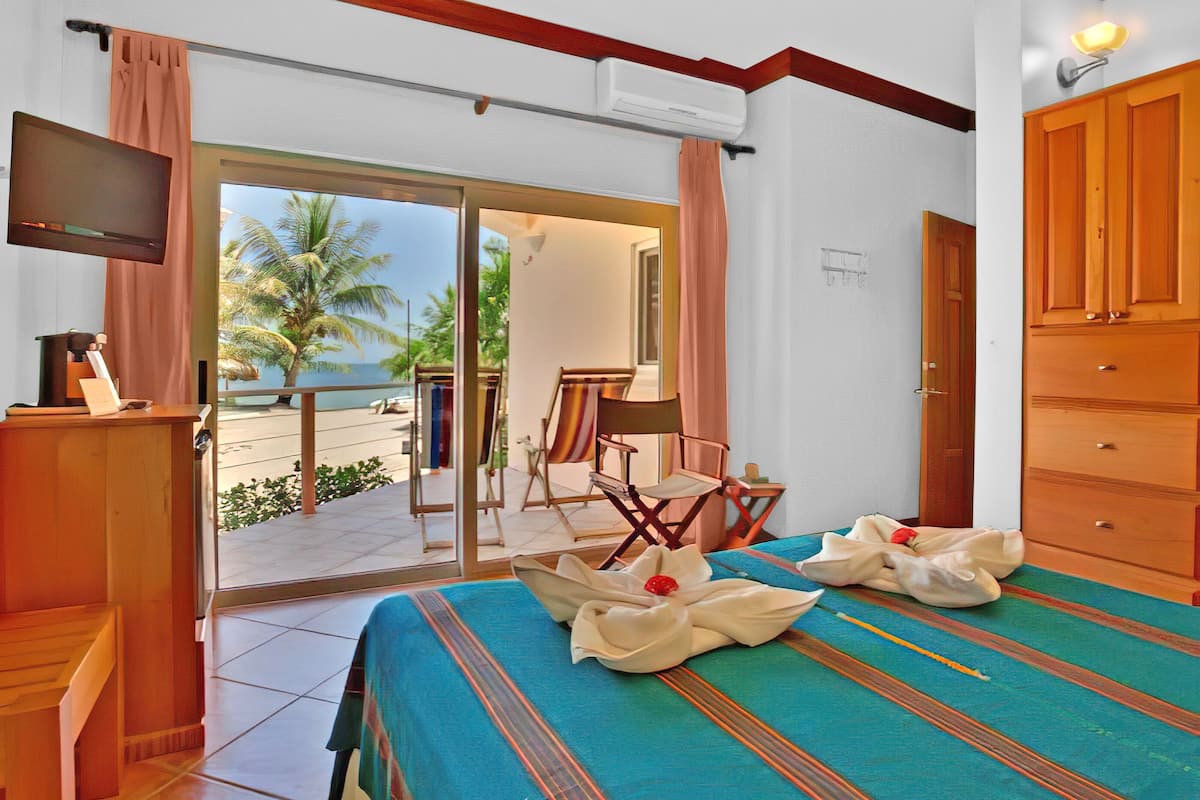 A hotel room with a bed, a television, a desk, and a view of the outdoors.