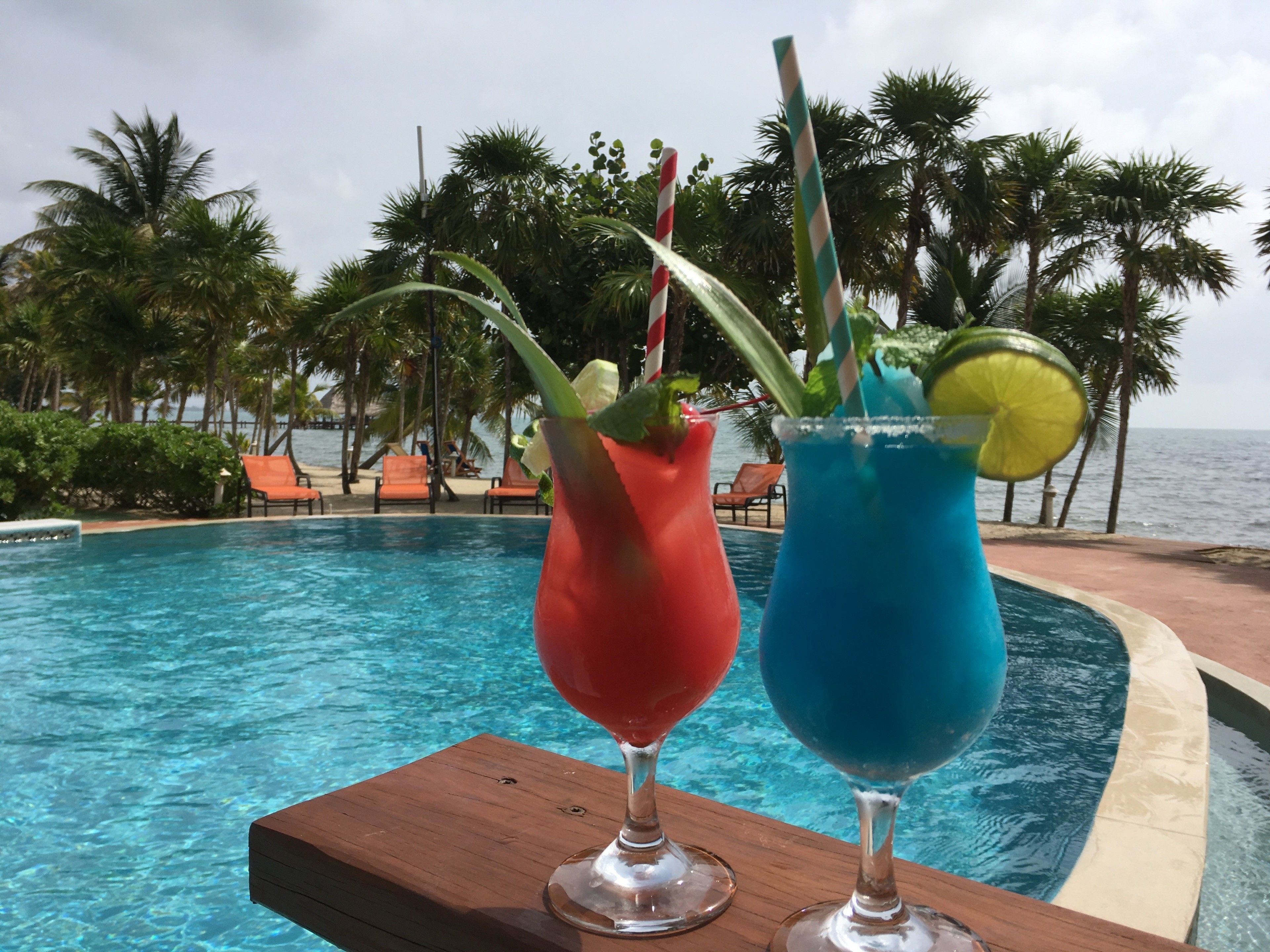 Twee cocktails op een houten tafel, met in de achtergrond een zwembad, palmbomen en strandstoelen.