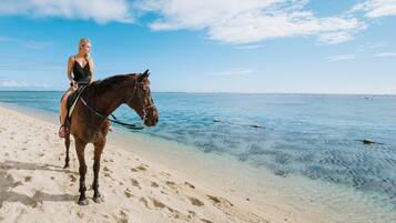 Una persona monta a caballo en una playa con agua cristalina y cielo despejado.