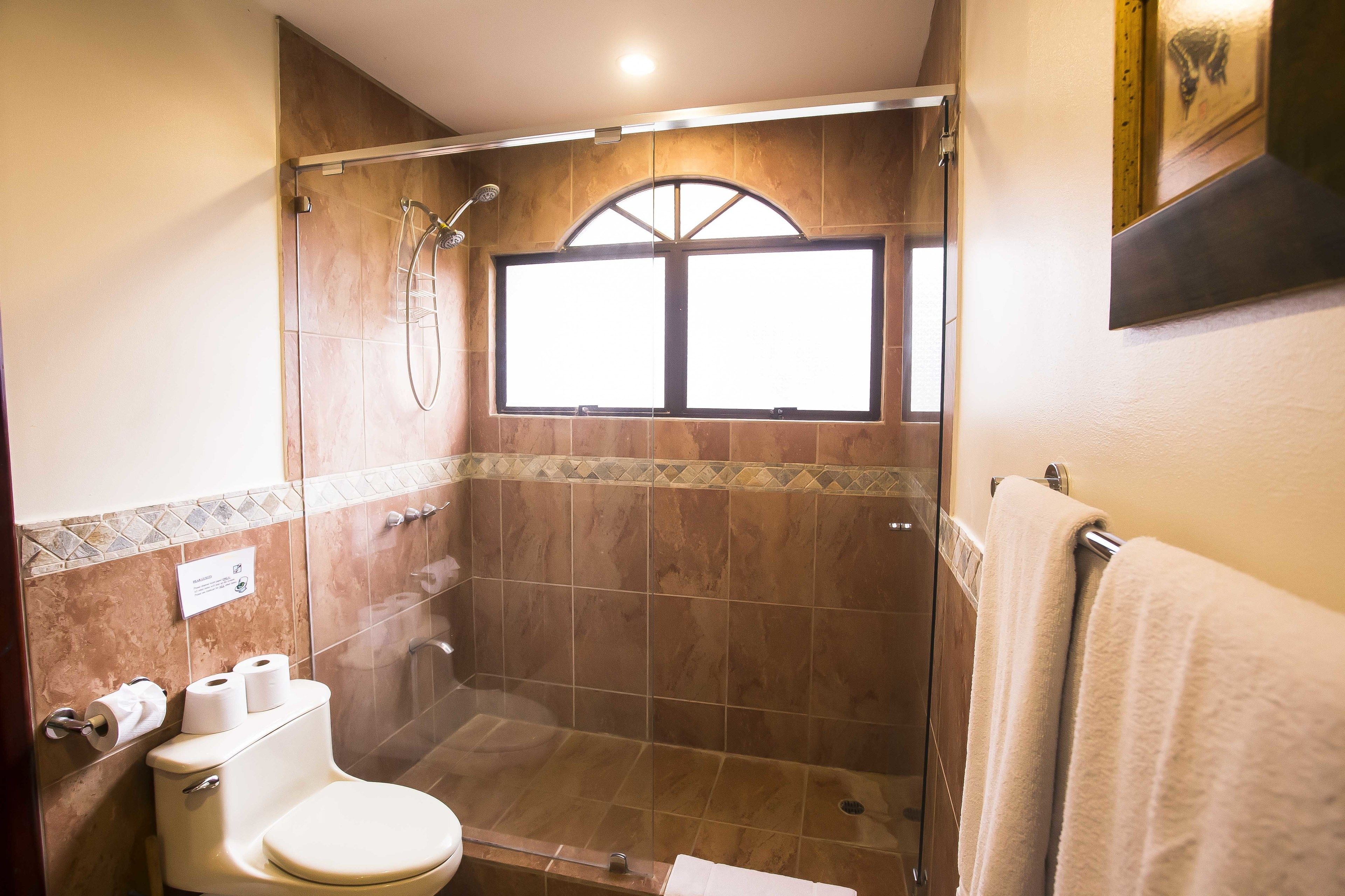 A bathroom with a glass-enclosed shower, a toilet, and a towel rack.