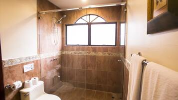 A bathroom with a glass-enclosed shower, a toilet, and a towel rack.