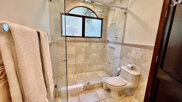 A bathroom with a glass-enclosed shower, a toilet, and a towel rack.