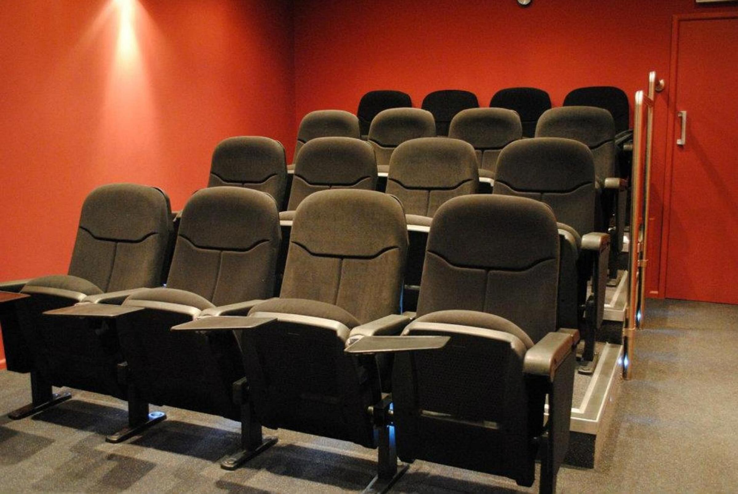 A row of black theater-style chairs with armrests and a carpeted floor, arranged in a theater setting with red walls and a closed door in the background.