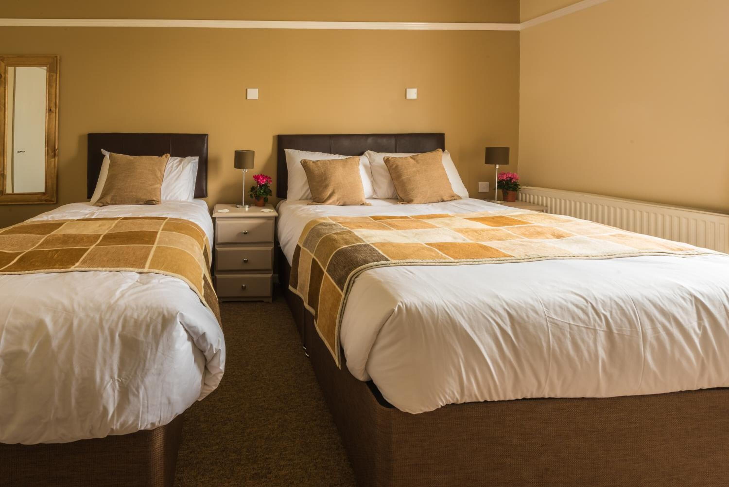 Habitación de hotel con dos camas, cada una con cabecero marrón, ropa de cama blanca y una manta a cuadros. Hay mesitas de noche con lámparas y un espejo en una pared.