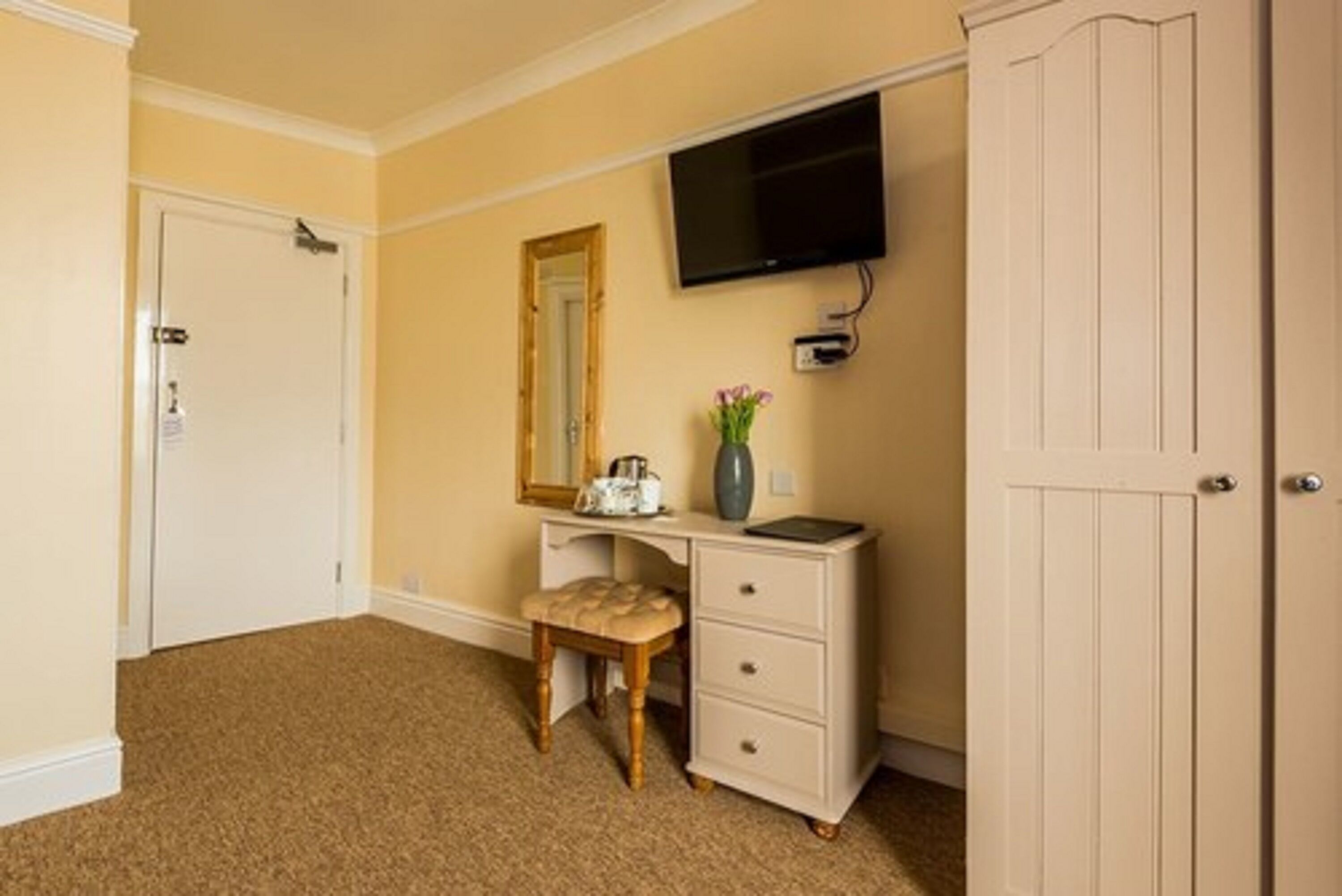 A bedroom with a bed, a dresser, a television, and a door.
