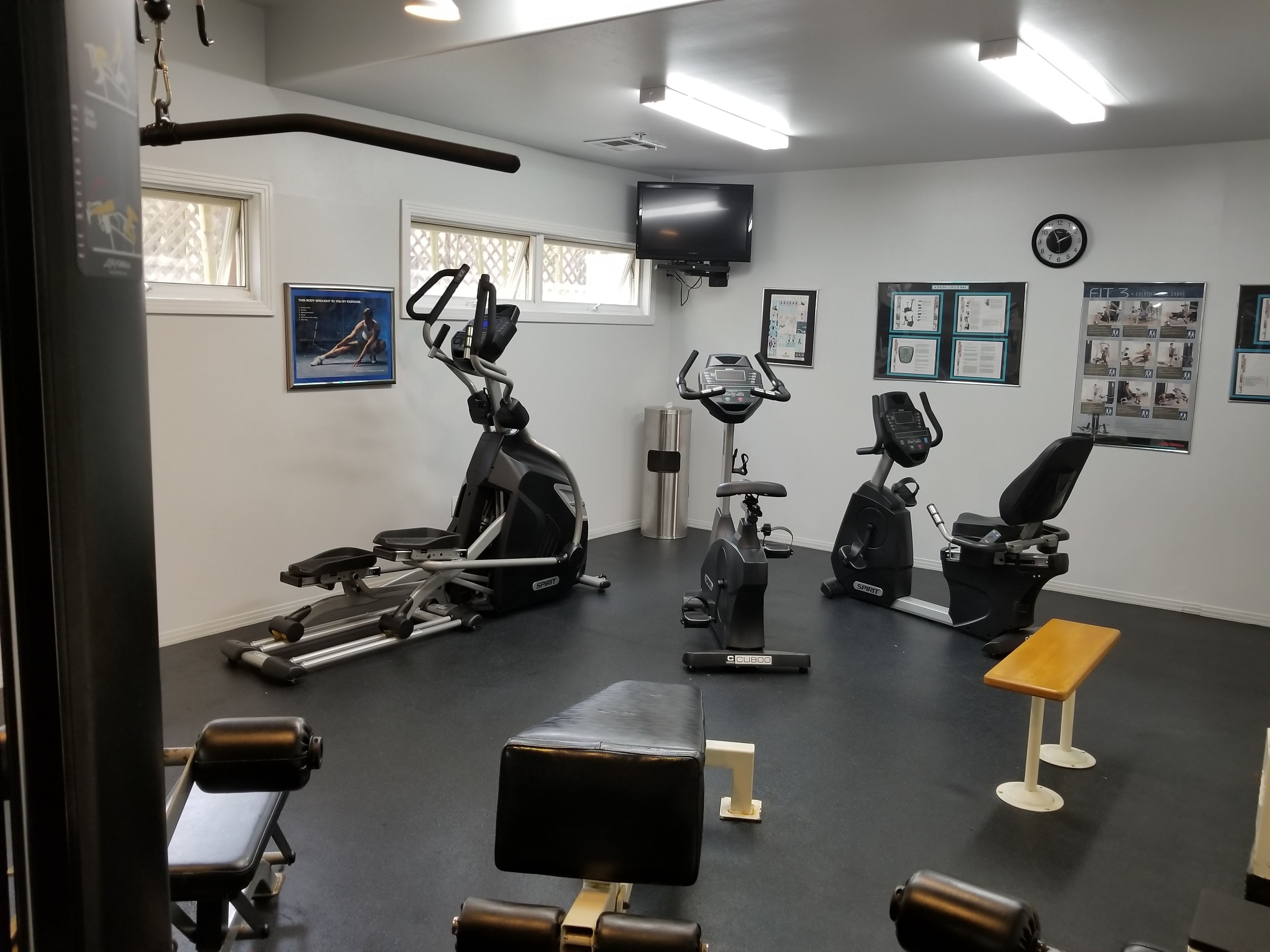 A gym with various exercise equipment, including treadmills, stationary bikes, and weight machines. There are posters on the walls, a clock, and a television mounted on the wall.
