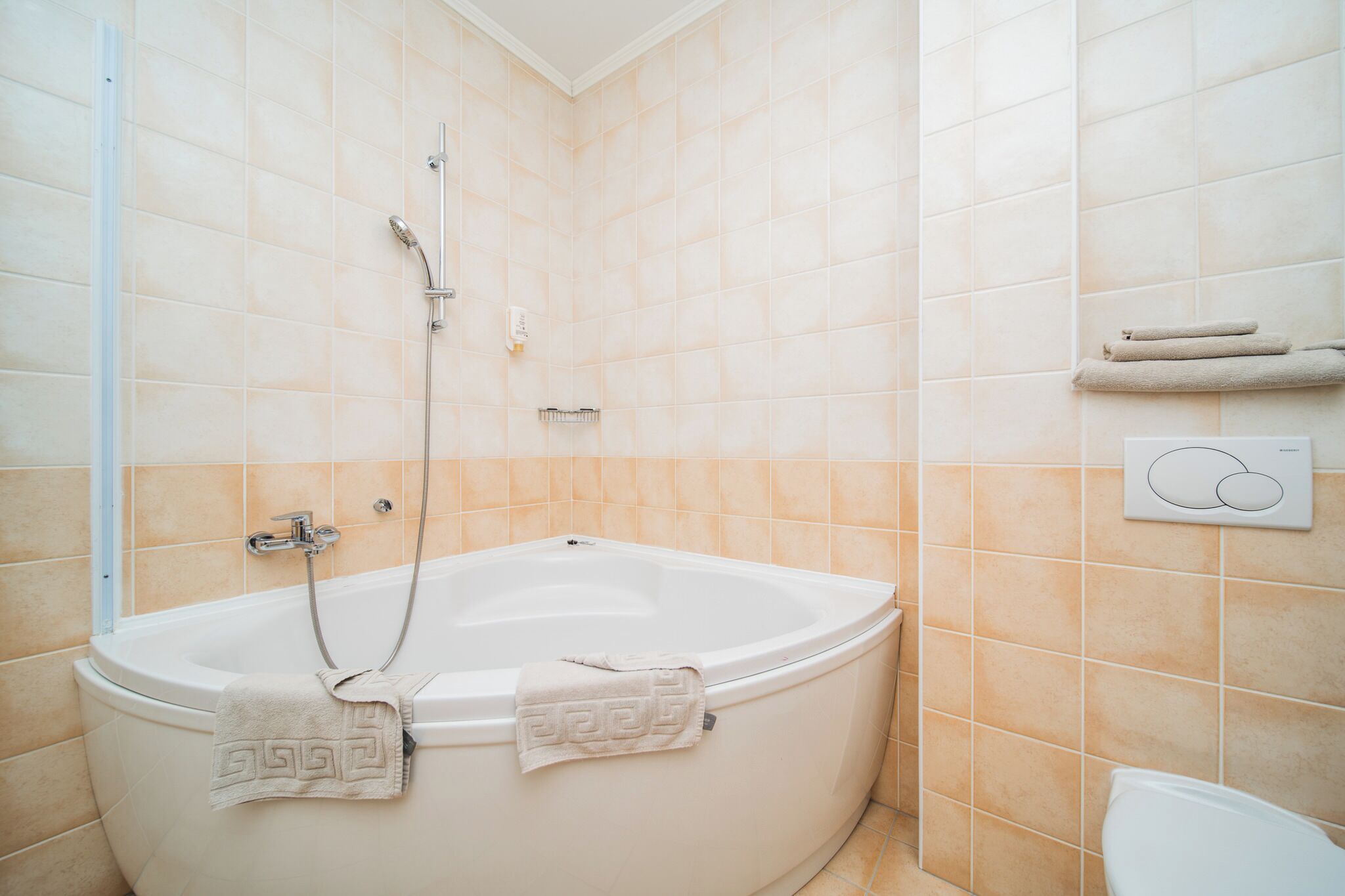 A bathroom with a freestanding bathtub, a showerhead, and a towel rack with towels.