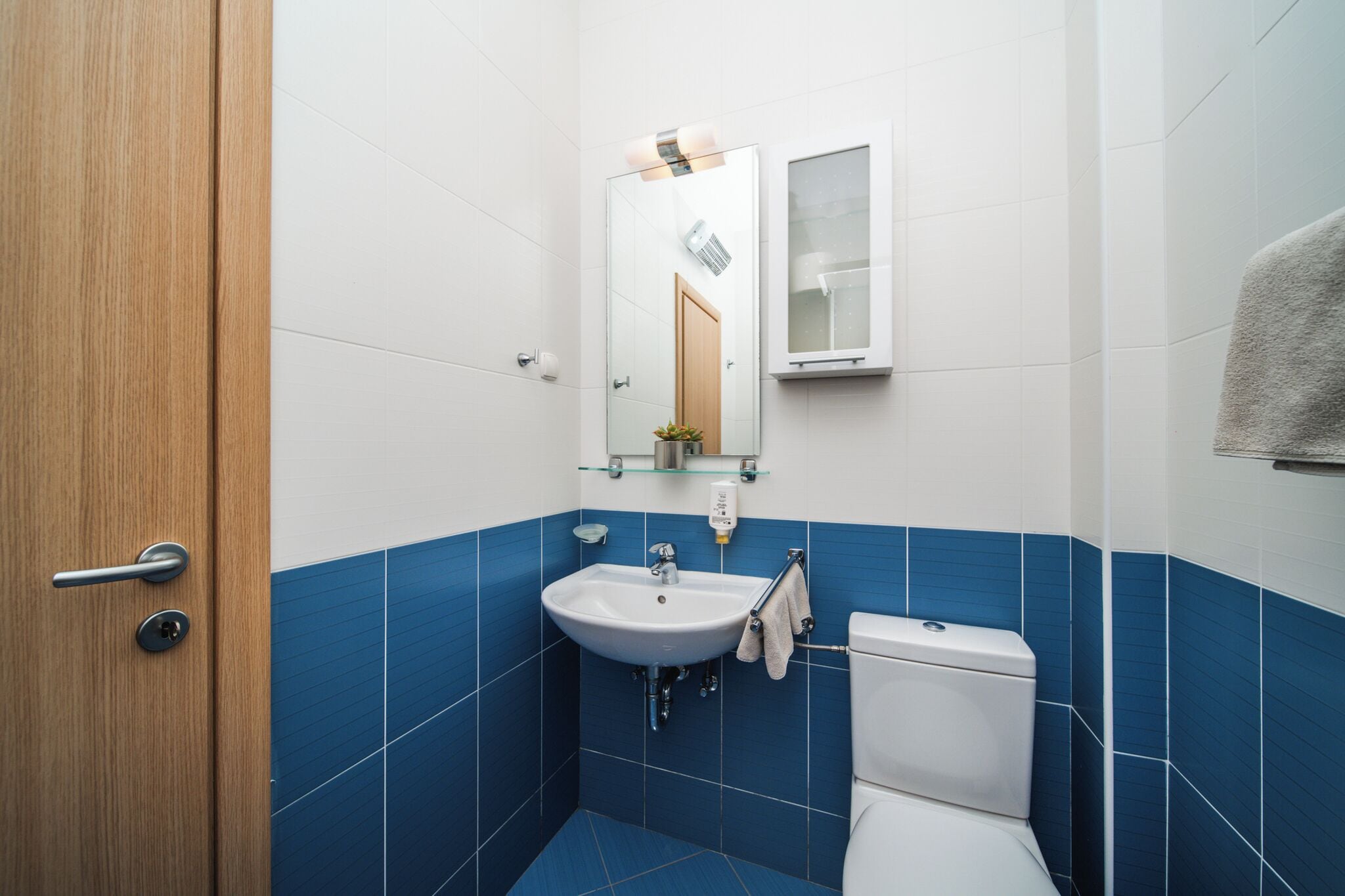 A bathroom with a white sink, a mirror, and a toilet.