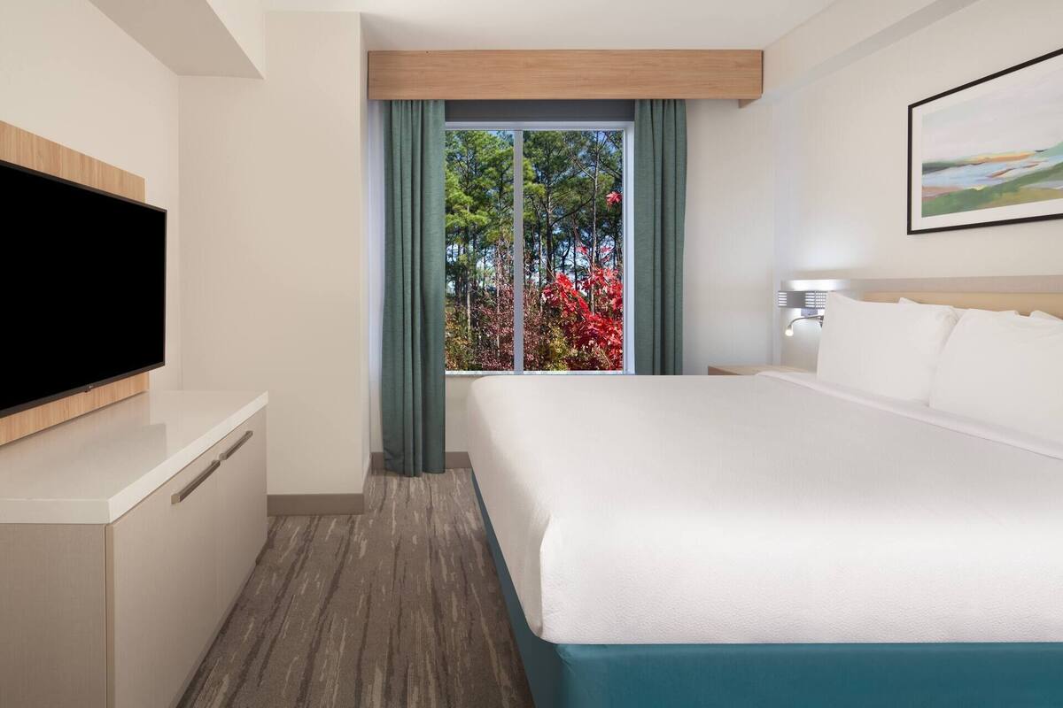 Une chambre d’hôtel avec un lit, une télévision, un bureau et une fenêtre avec des rideaux.