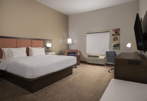 Habitación de hotel con una cama grande, un escritorio, una silla, un televisor de pantalla plana y una ventana.