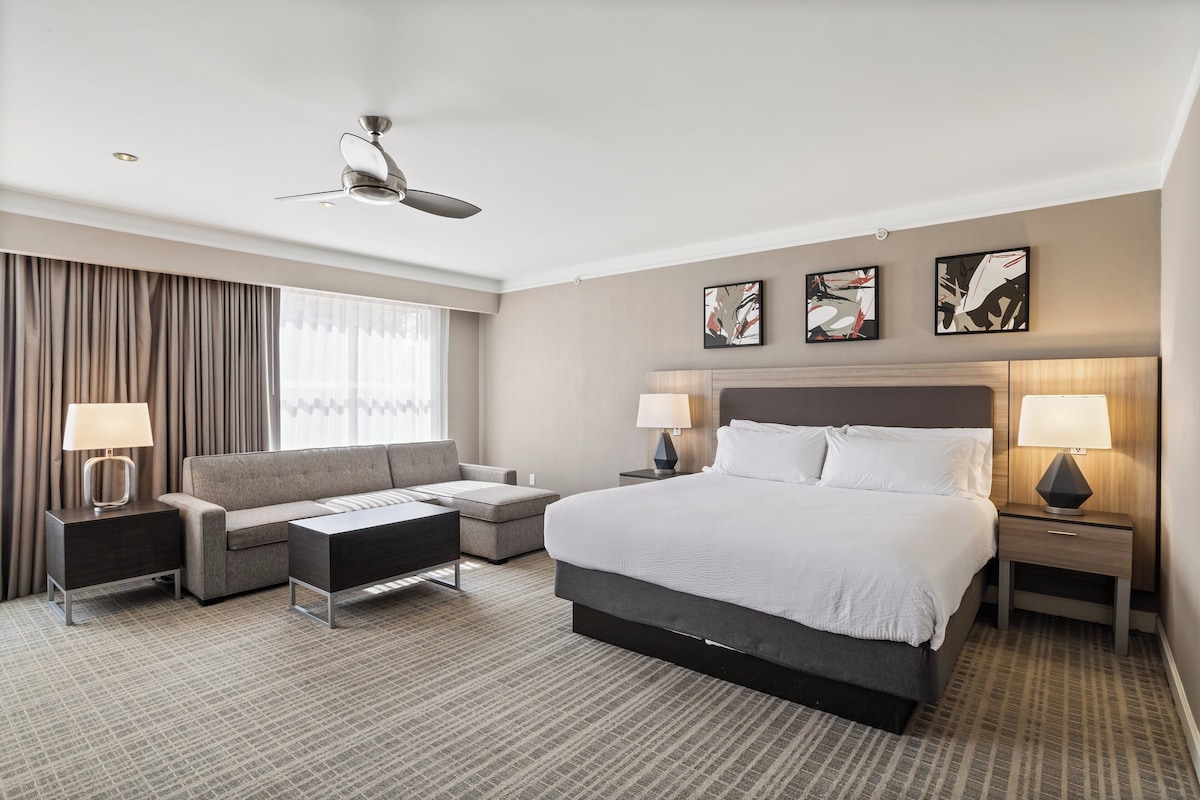Ein Hotelzimmer mit einem großen Bett, einer Couch, einem Schreibtisch und einem Deckenventilator.