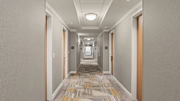 A hotel hallway with carpeted floors, doors on both sides, and a ceiling light.