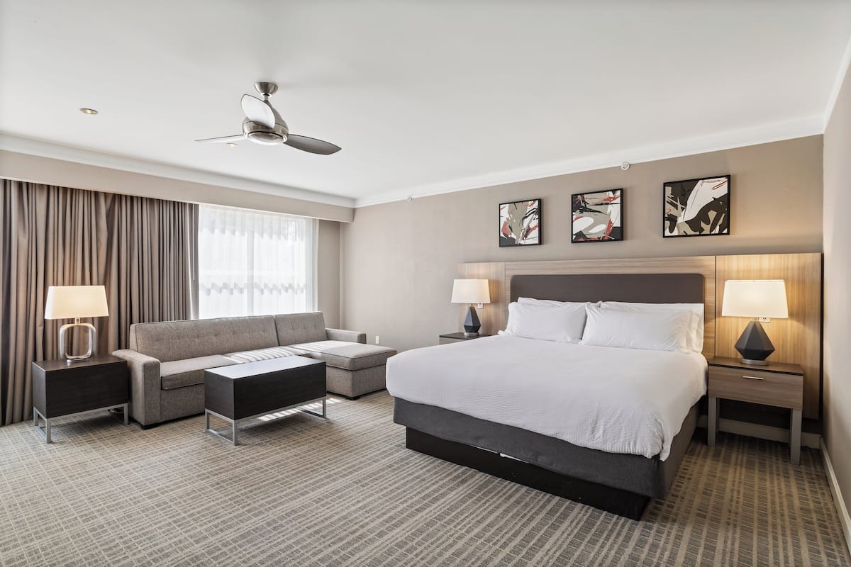 A hotel room with a large bed, a sofa, a desk, and a ceiling fan.