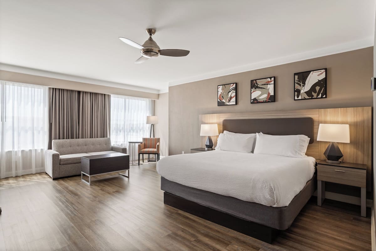 A modern hotel room with a large bed, a sofa, a small table, and a ceiling fan.