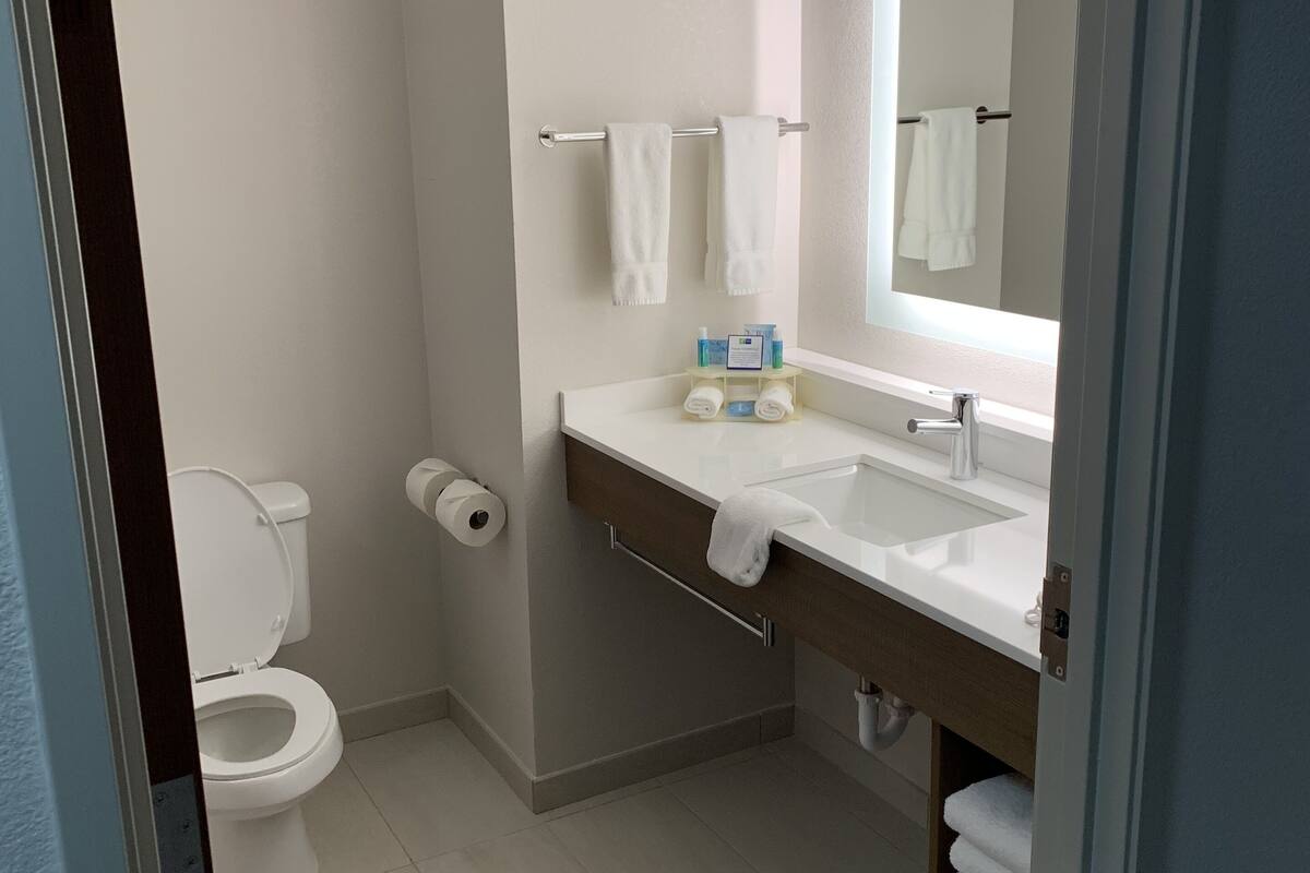 combined shower/bathtub, free toiletries, hair dryer, towels