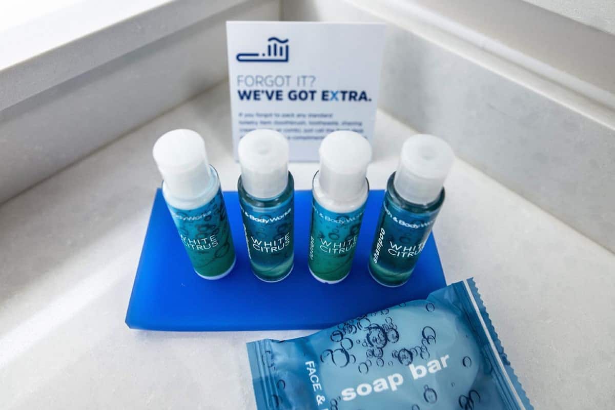 combined shower/bathtub, free toiletries, hair dryer, towels