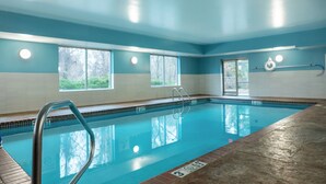 An indoor swimming pool with clear blue water, a metal ladder, and windows with a view of trees.