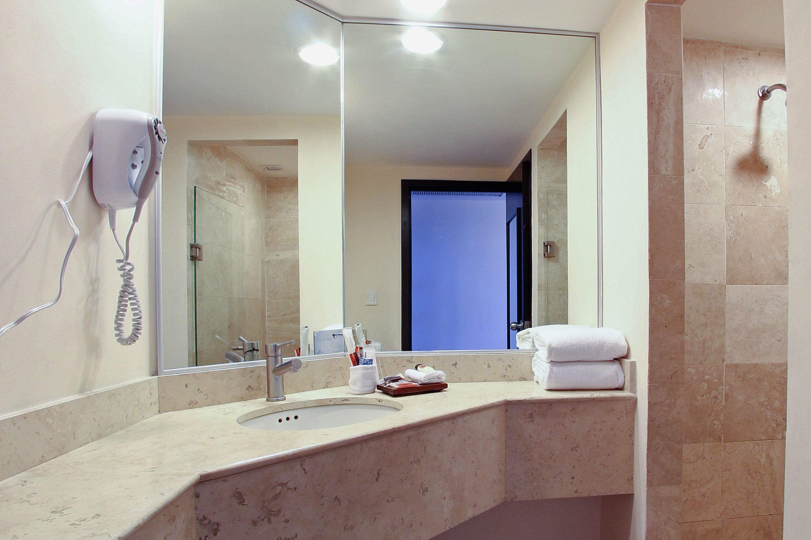 shower, eco-friendly toiletries, hair dryer, towels