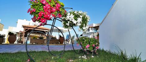 Una bicicleta adornada con flores, un muro blanco y un edificio al fondo.