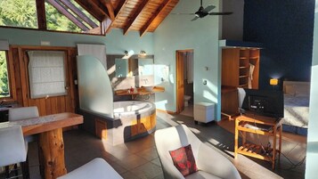 Una habitación amplia con techo de madera, un ventanal grande, un sofá, un televisor sobre un mueble de madera y un baño con bañera y espejo.