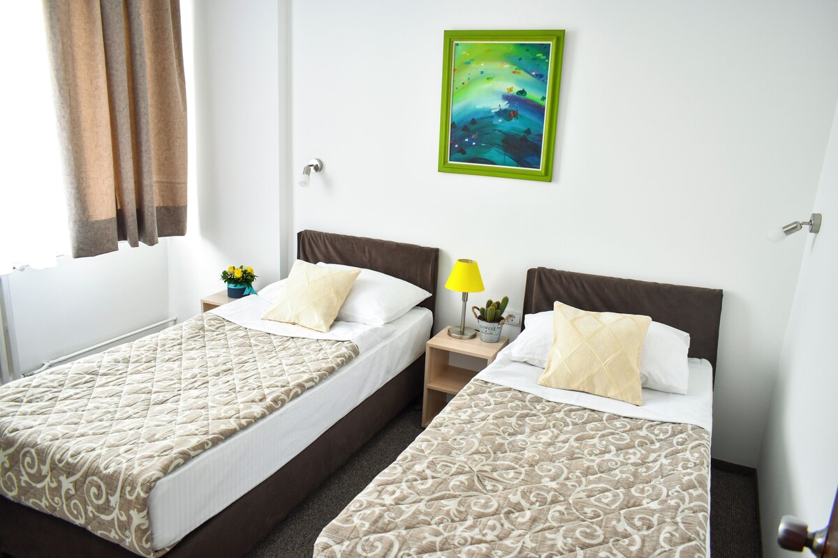 A hotel room with two beds, a nightstand with a lamp, a small plant, and a painting on the wall.