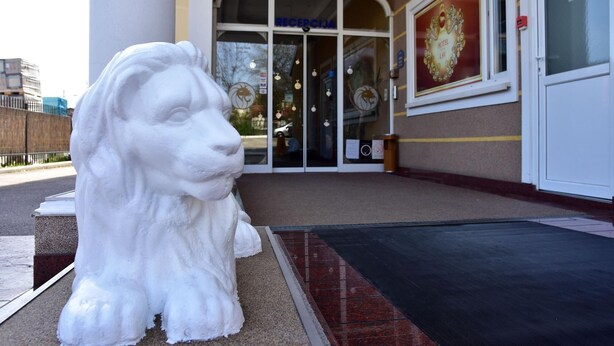 A hotel entrance with a reception desk, a large glass door, and a white lion statue in front. - Hotel Lav (Belgrade)