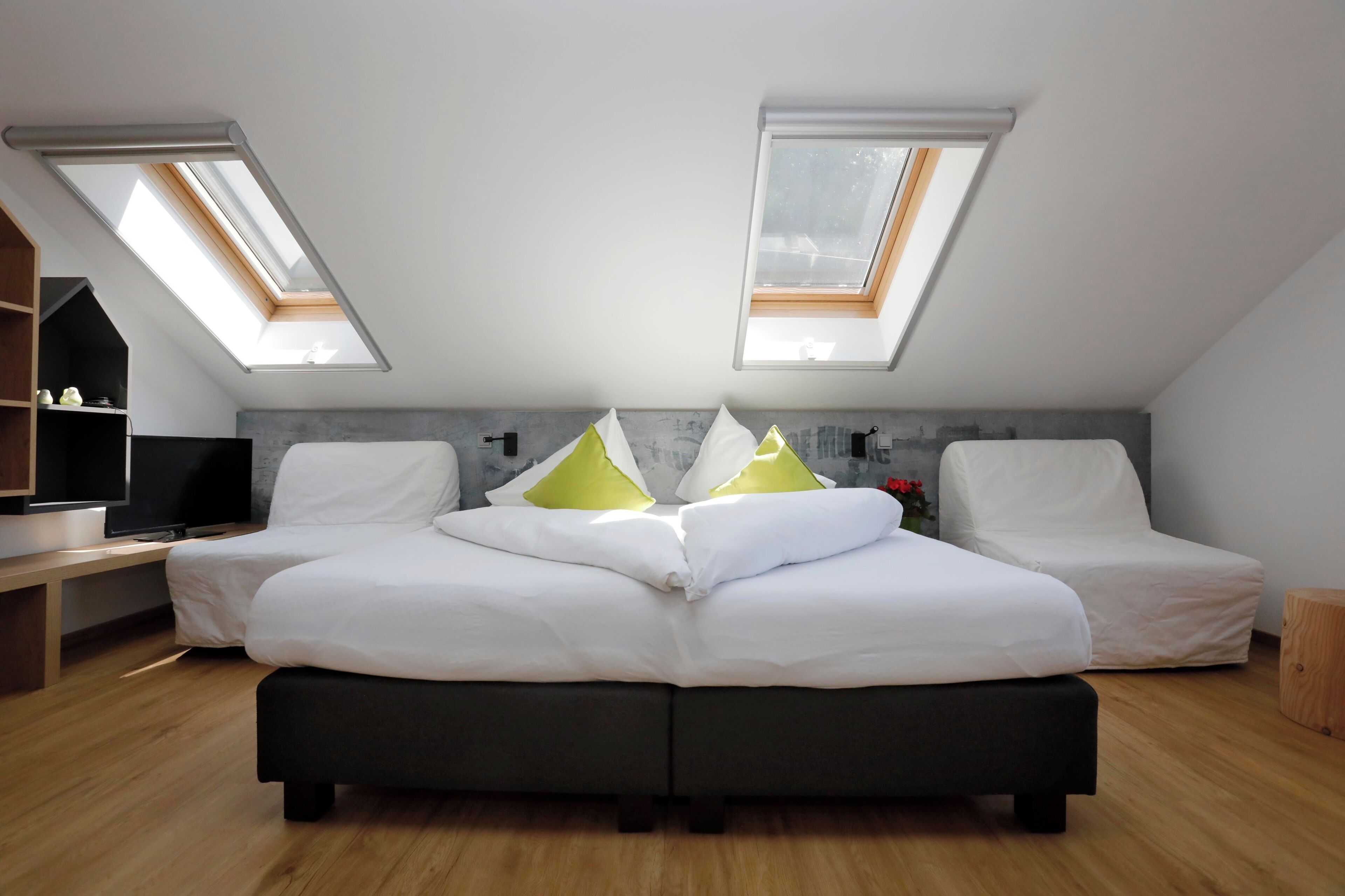 A bedroom with a large bed, two skylights, a wooden floor, and a TV on a stand.