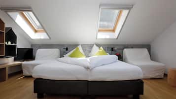 A bedroom with a large bed, two skylights, a wooden floor, and a TV on a stand.