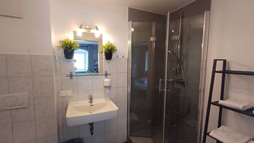 Combined shower/bathtub, hair dryer, towels