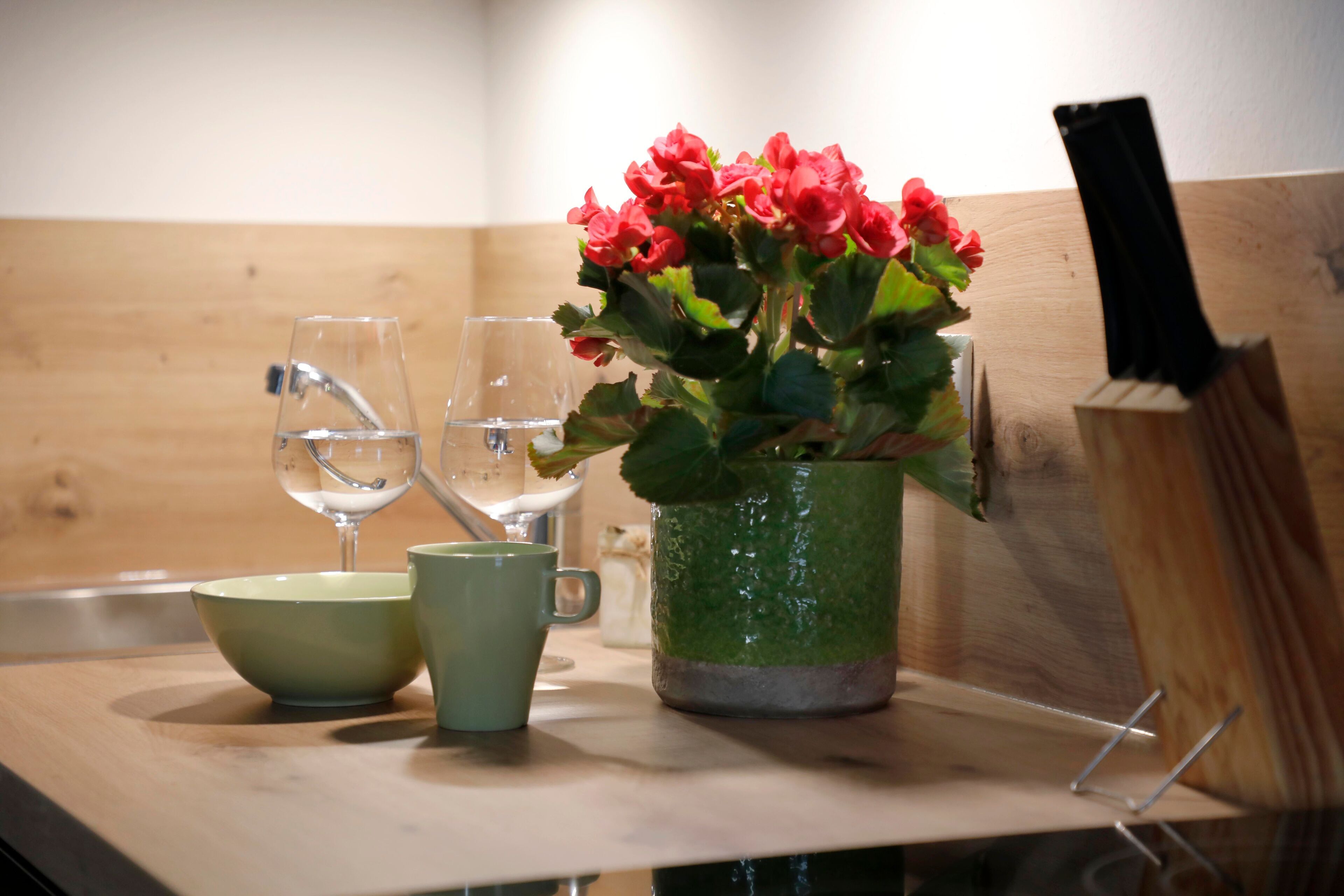 Eine Küchenarbeitsplatte mit einer grünen Tasse, einem Glas Wasser und einem Blumentopf mit roten Blüten.